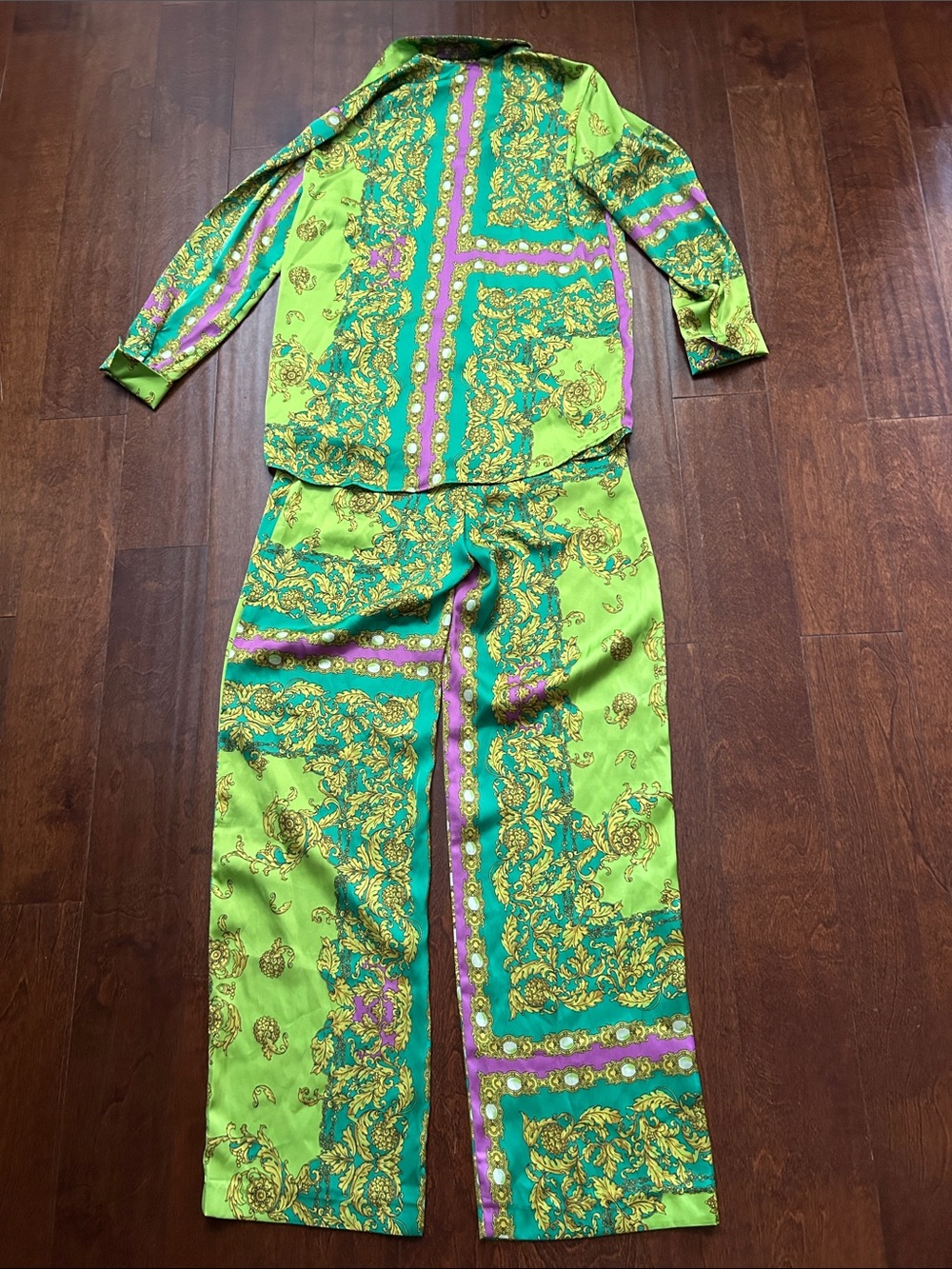 Mango Green Multicolored Baroque Print Satin Pant Set, Size 2, NWT - Picture 15 of 16